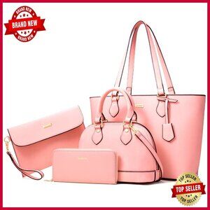 Large 4-Piece Faux Leather Handbag Set with Wallet, Tote & Crossbody